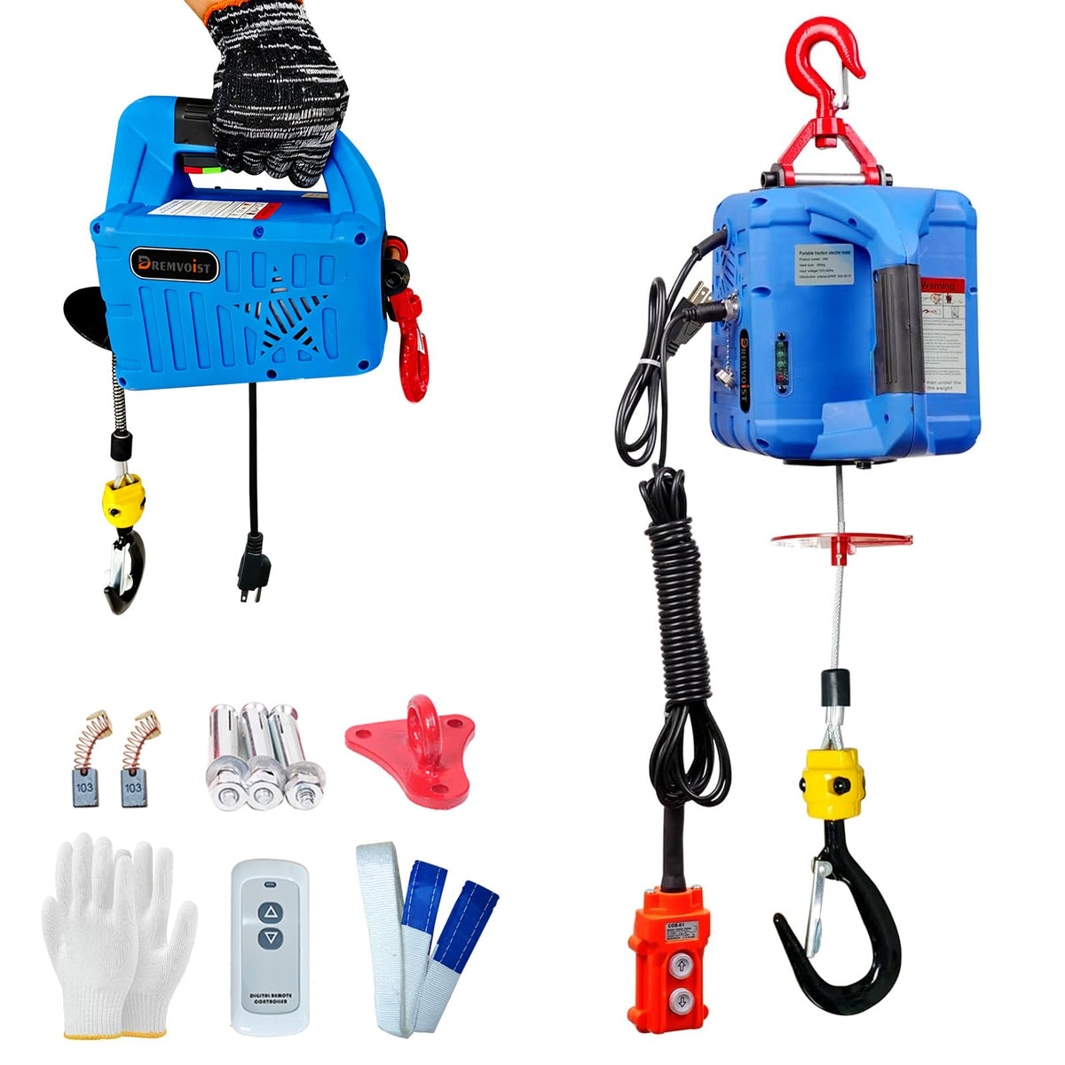 Dremvoist 3 in 1 Electric Hoist Winch,1100LB 1500W Portable Power Winch Crane,110V/120V Electric Winch Crane with Manual Wire Wireless Remote Control,26FT Lifting Height,for Towing,Warehouse,Factories
