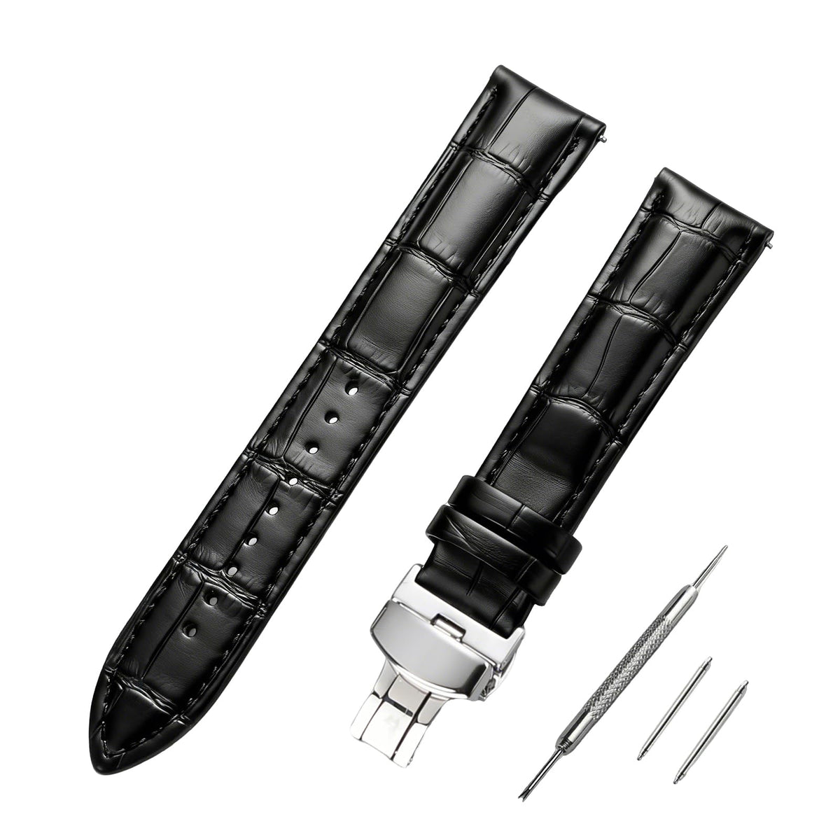 EREBUSE Genuine Leather Watch Strap 18mm 20mm 22mm, Classic Replacement Watch Band for Men Women, Soft Padded Cowhide with Silver Butterfly Deployment Clasp