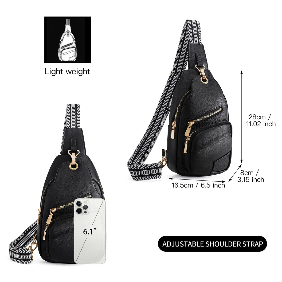 GOIACII Sling Bag for Women Anti Theft Cossbody Purse for Travel Fanny Packs Leather Black