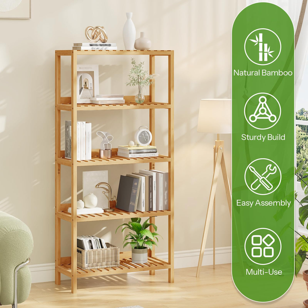 HOOBRO Bamboo Storage Shelf, 5-Tier Freestanding Shelving Unit, Multifunctional Storage Rack with Back Panel, 23.6 x 10.2 x 51.2 inches, for Bathroom, Living Room, Balcony, Kitchen, Natural YL96CJ01