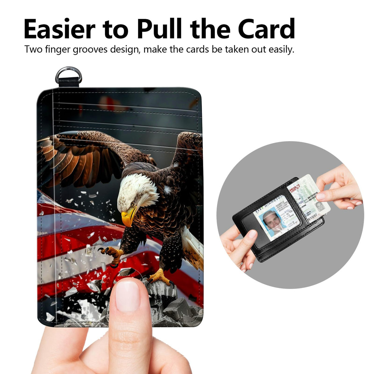 BREIDMKFM Credit Card Holder Slim Wallet,RFID Wallet Women Front Pocket Small Card Holder Travel Cute Thin Minimalist Card Case Leather Flat Wallet with ID Window&Wrist Strap,American Flag Eagle