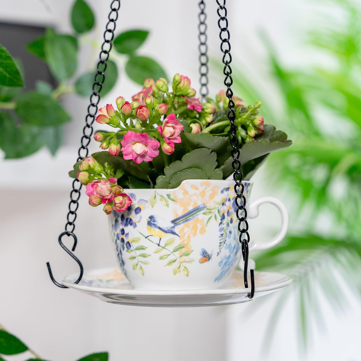 TEATALK Hanging Planters for Indoor Plants, Ceramic Pots with Drainage Hole, 6.3 Inch Hanging Planter with Chain, Outdoor Hanging Baskets for Plants, Birds & Flowers, Cup Shape