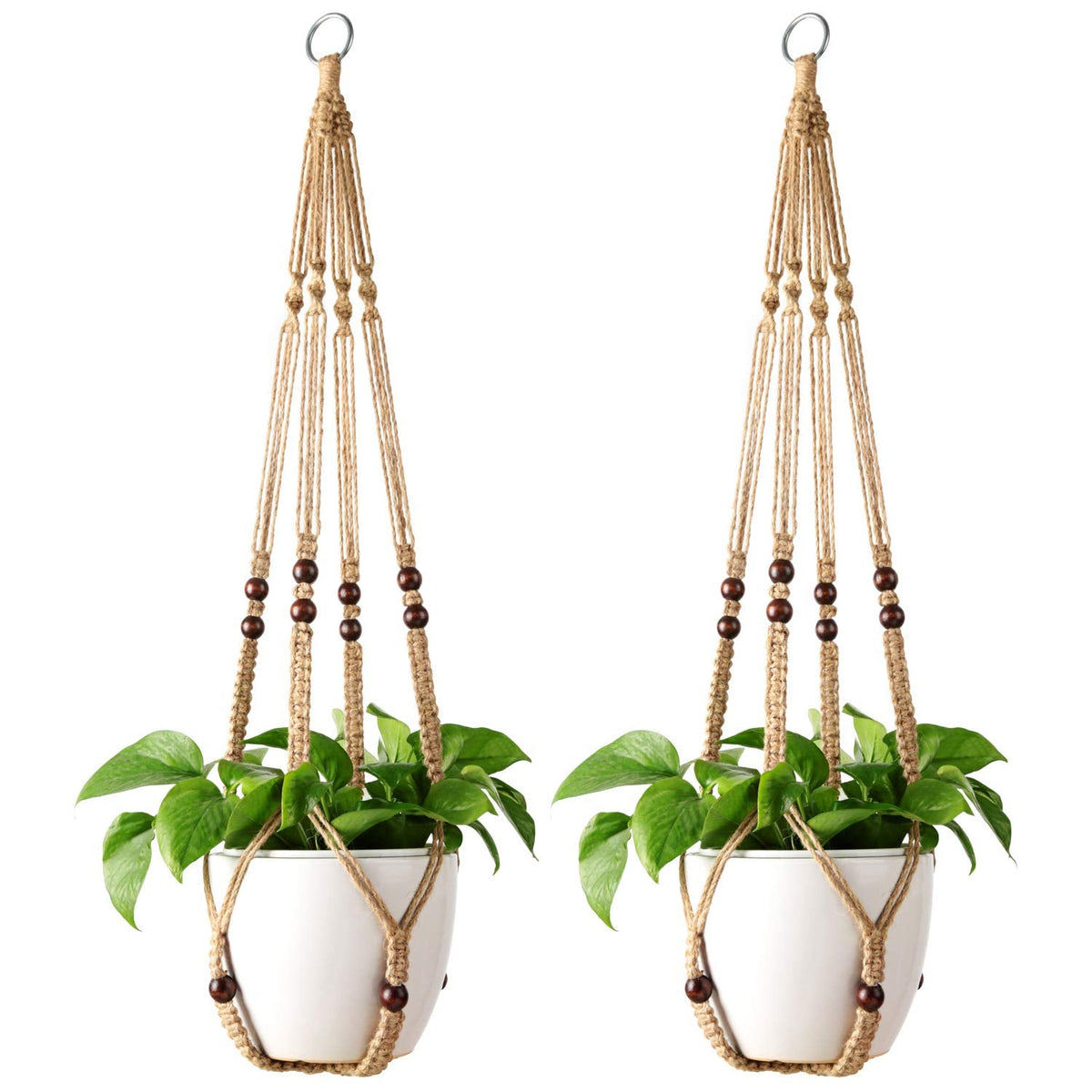 Mkono Macrame Plant Hangers Indoor Jute Hanging Planter Basket and Ceiling Hooks, Wood Beads Decorative Flower Pot Holder for Indoor Outdoor Boho Home Decor,Brown，Set of 2