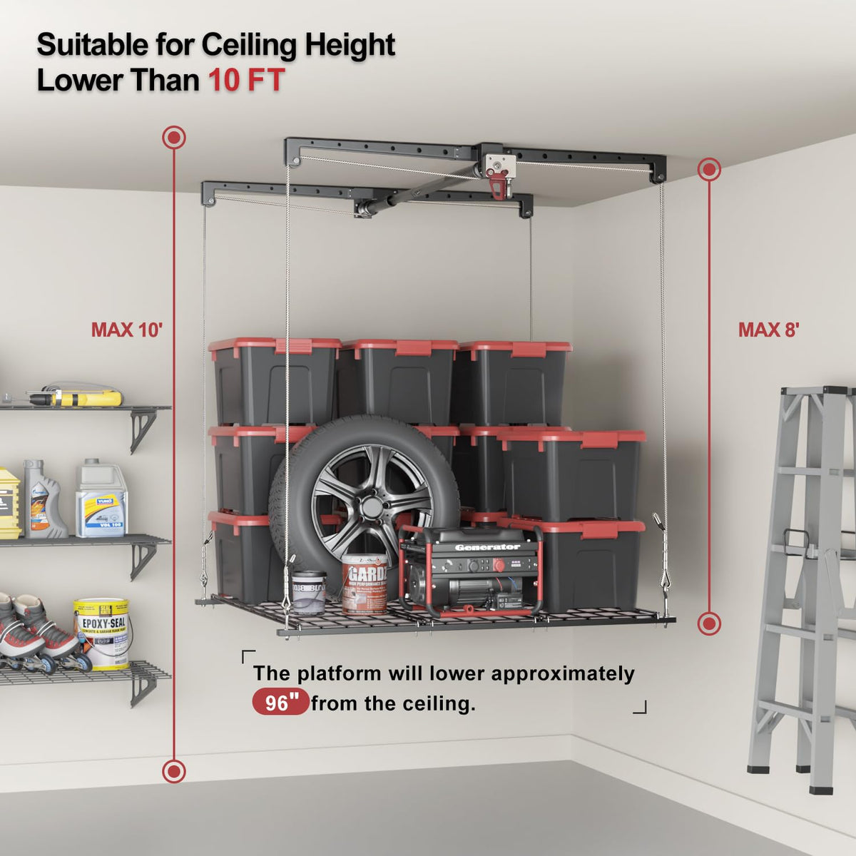 Overhead Garage Storage Rack for 8-10 FT Ceiling, 4x4 FT Ceiling Storage Racks with Safety Lock, Ideal for Garage Storage Mounted Lift System and Storage Organizer, 250lbs Capacity