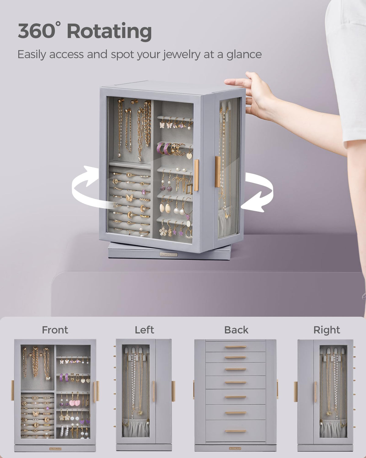 Glimmloop 360° Rotating Jewelry Box with 7 Drawers, Spacious Vertical Jewelry Organizer with Glass Window, Jewelry Storage Case, Dustproof & Moisture-resistant Design, Grey
