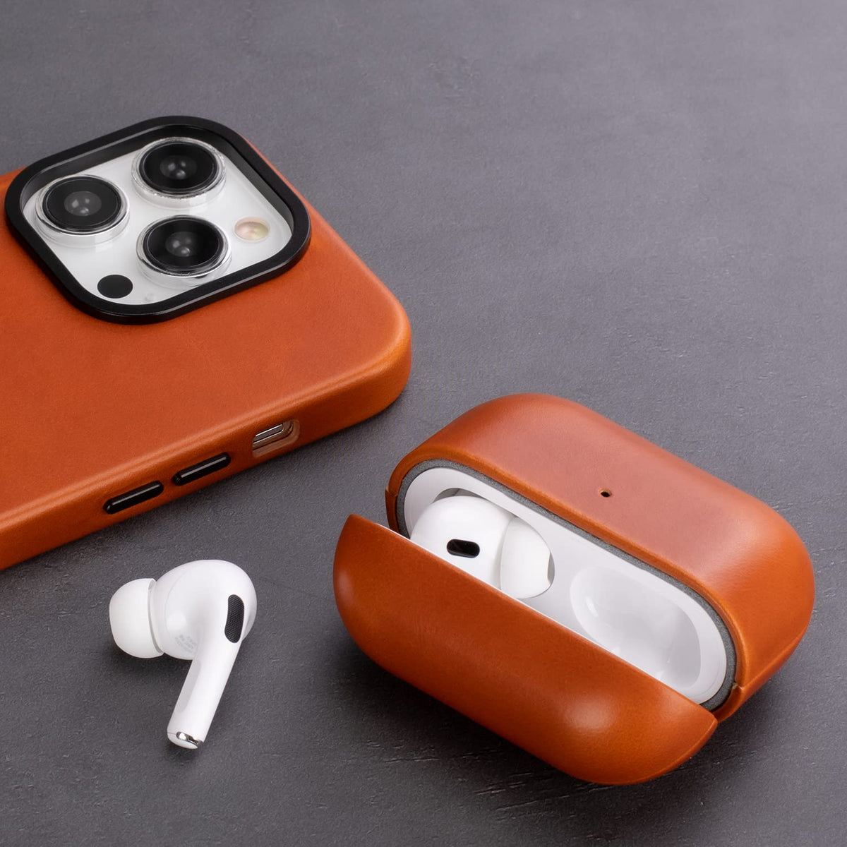 Maogoam for AirPods Pro 2 Leather Case Cover with Button, Genuine Crystal Vegetable Tanned Oil Wax Leather Case for AirPods Pro 2nd Generation, Elegant Style, Front LED Visible, Orange