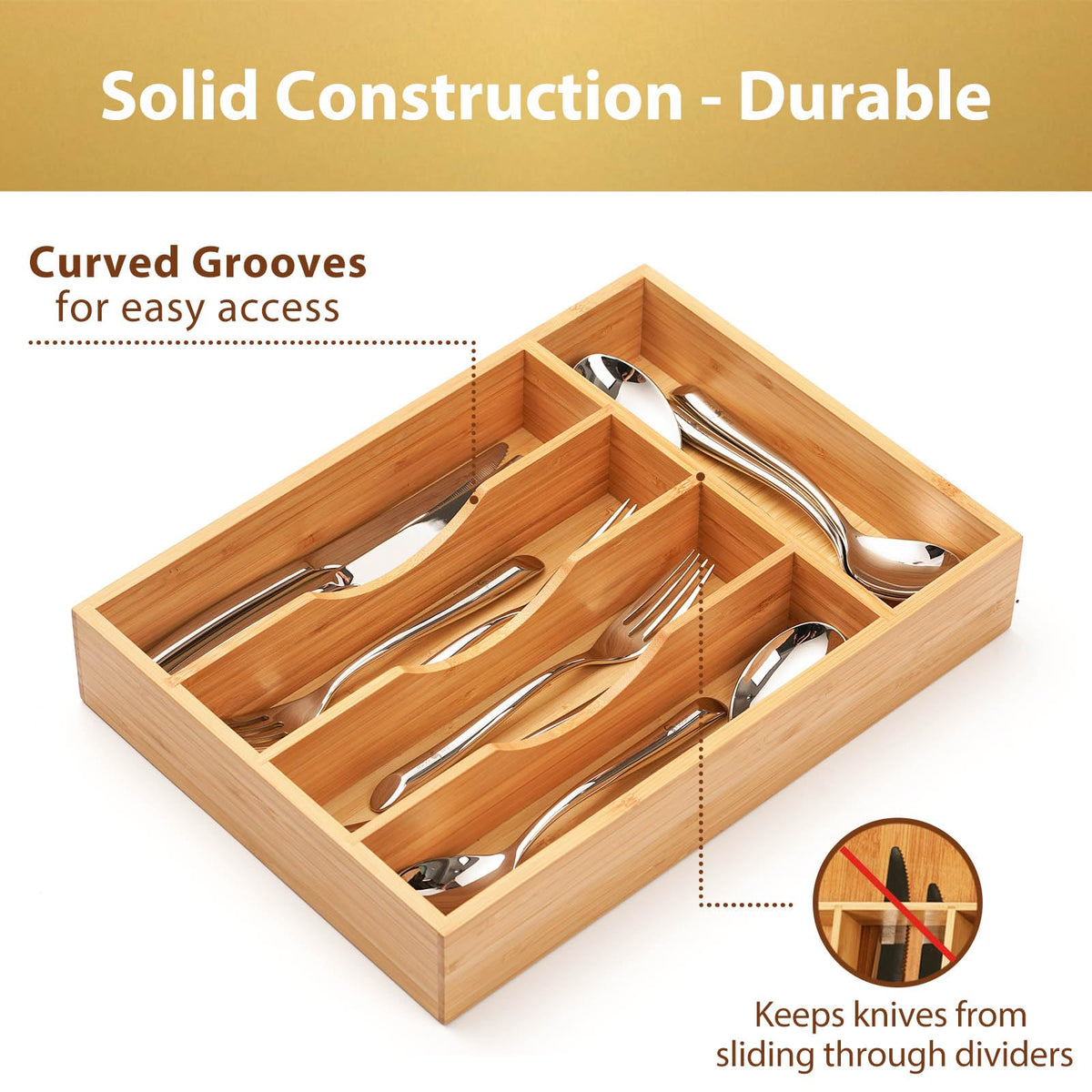 Umilife Bamboo Kitchen Drawer Organizer, 8.25 Inch Silverware Utensils Tray Holder for Small Drawer, Wood Caddy for Flatware Cutlery Knives
