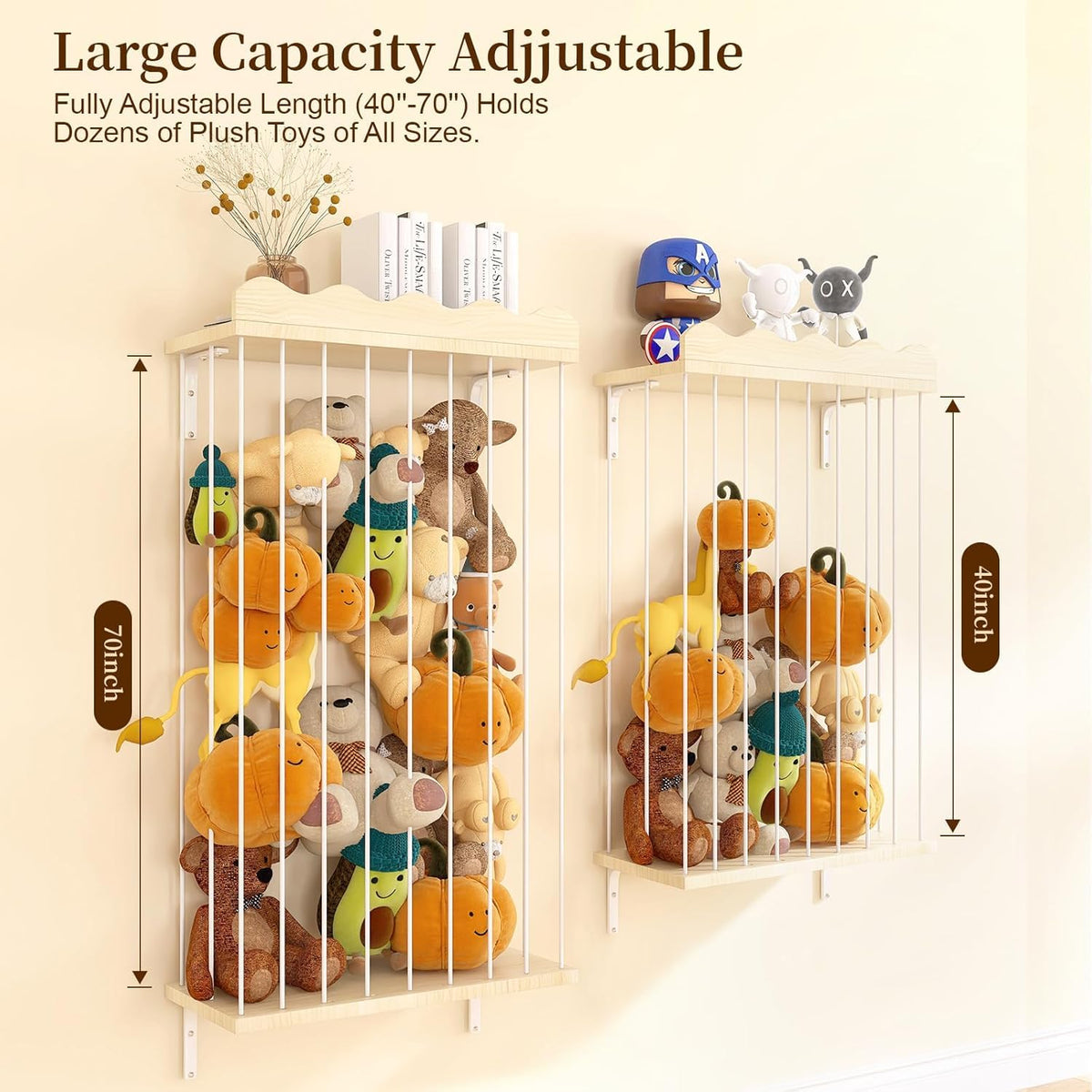 Sunifier Adjustable Stuffed Animal Storage with Shelf (Patented) - Large Wooden Hanging Plush Toy Organizer - Corner Stuffy Animals Hammock Net Holder for Kids Room, Nursery, Bedroom