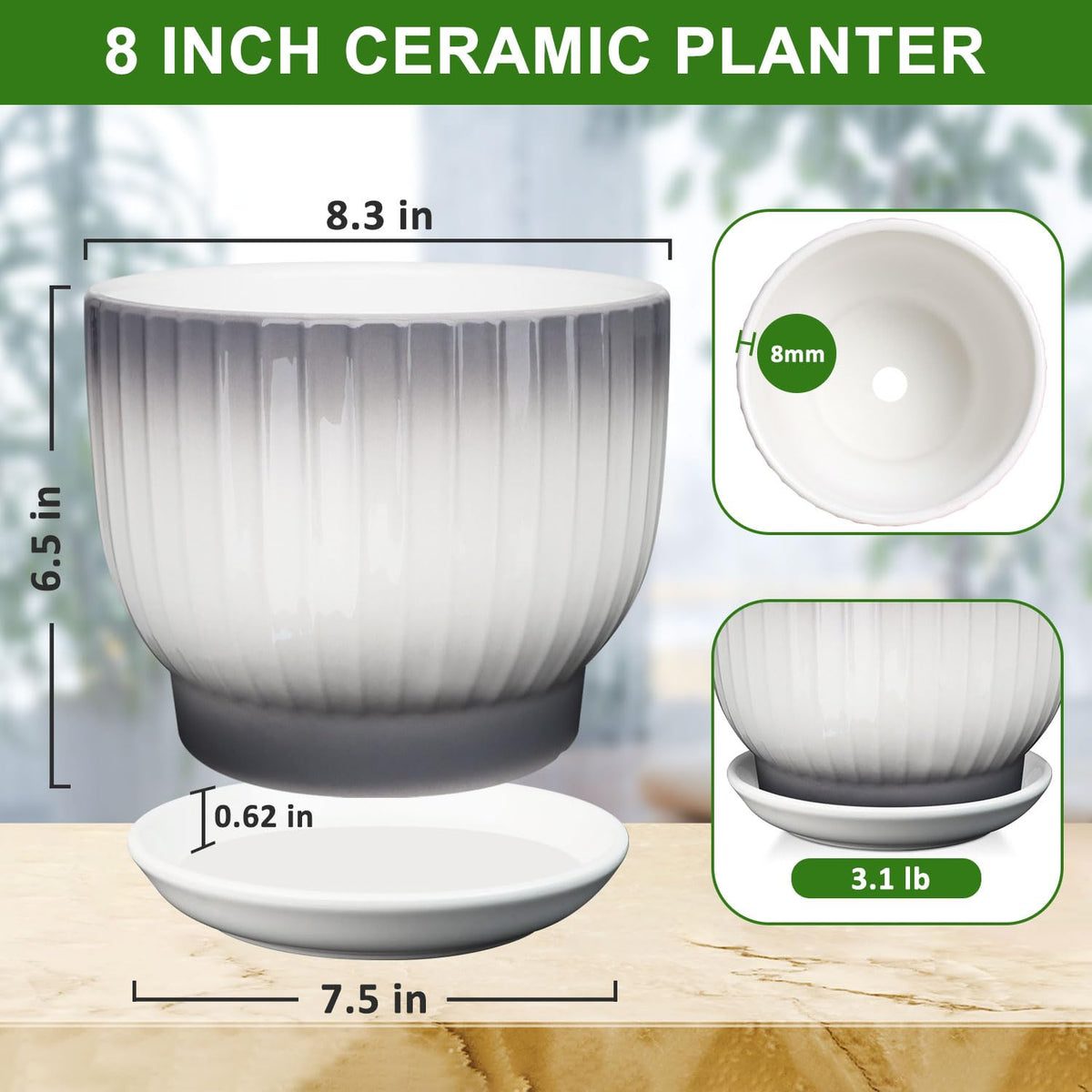 YUFDA 8 Inch Plant Pot, Ceramic Planter with Drainage and Saucer, Ceramic Pots for Plants, Indoor Plant pots,Ceramic Flower pots(Gray + White, Plants NOT Included)