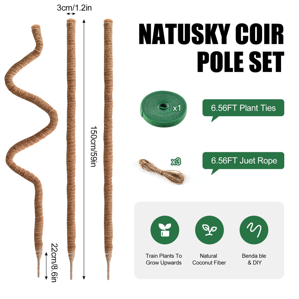 3 Pack Moss Pole 63 Inch Monstera Plant Support Moss Poles Bendable for Climbing Plants Longer Coco Coir Sticks Support Stakes Tall for Indoor Creeper DIY Shape Plants Grow Upwards