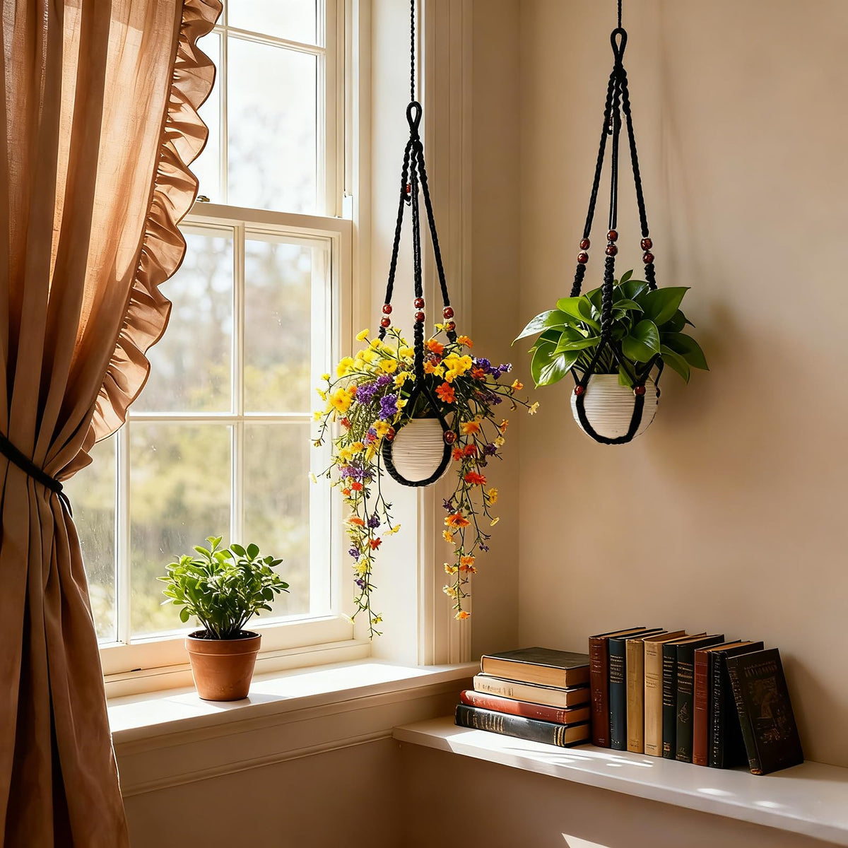 HOREAKHJ 35 Inch Macrame Plant Hanger, Large for up to 15 Inch Pot Extra Long Hanging Planter Holder Basket with Wood Beads for Indoor Outdoor Home Decor (Black, 2-Pack)