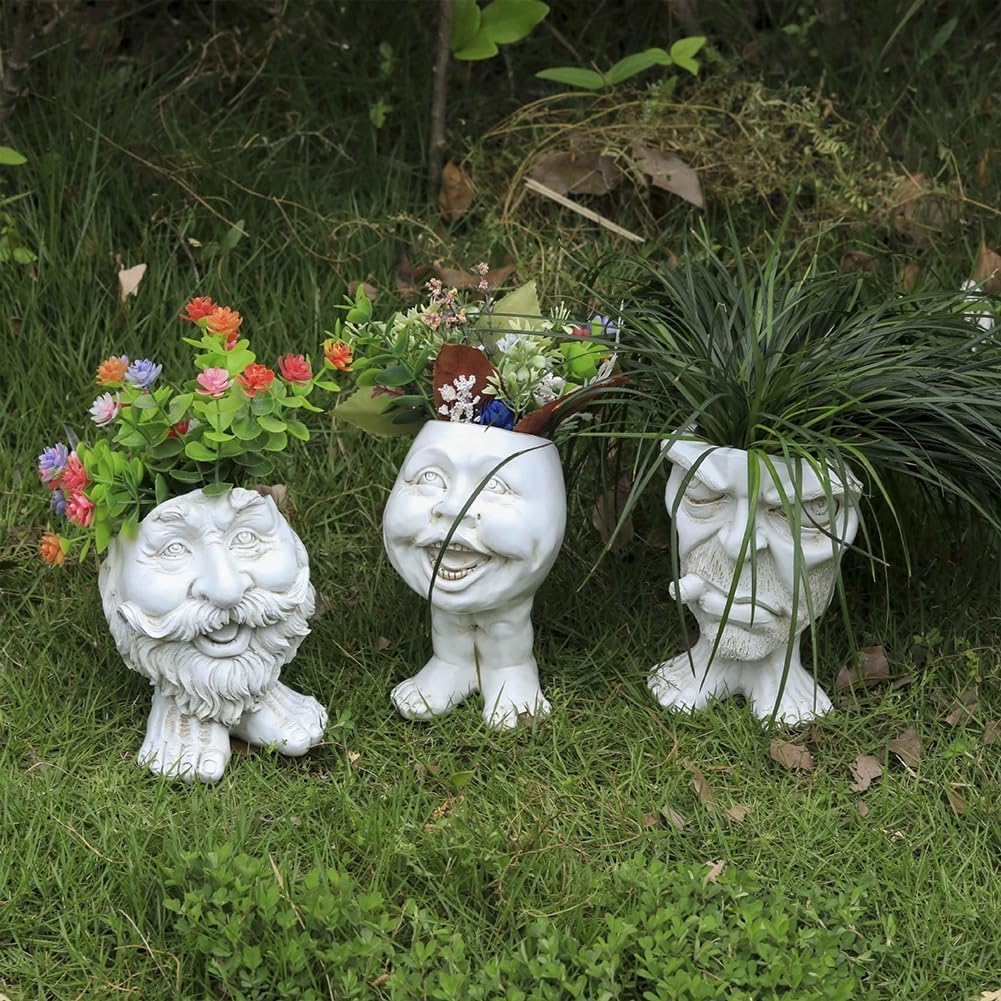 Sheremart Whimsical Face Planter - 6inch Funny Wizard Head Sculpted Pot (Antique White Resin), Unique Succulent Planter for Indoor/Outdoor Garden Decor (6#)