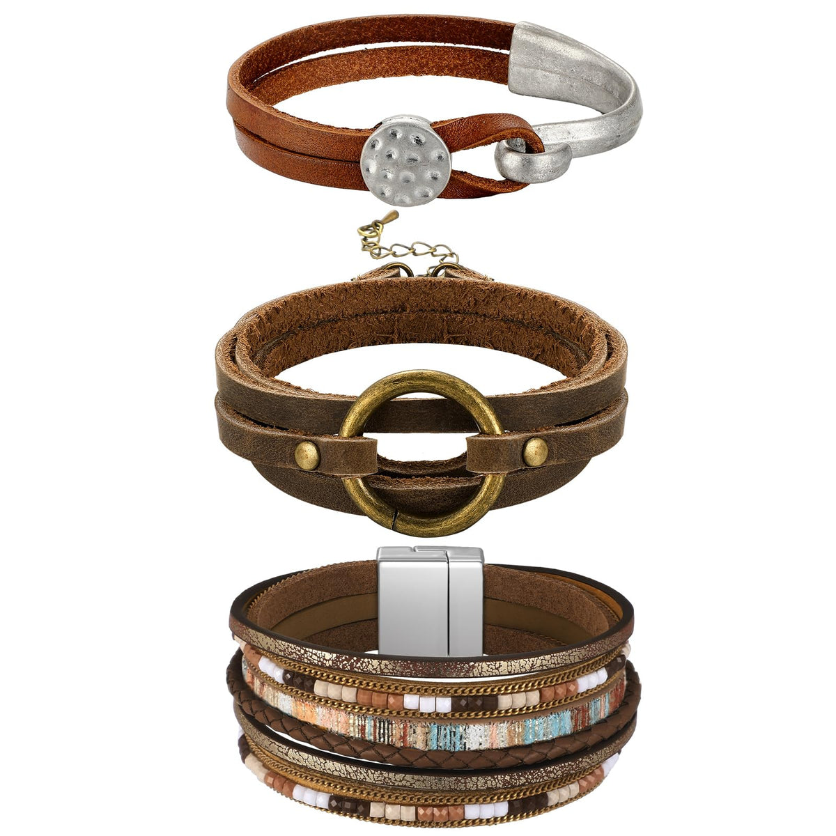 Inbagi 3 Pcs Western Jewelry for Women Bohemian Leather Bracelets for Women Faux Leather Multi Layered Wrap Bracelets Wristbands Cuff Boho Splicing Bangle Mens