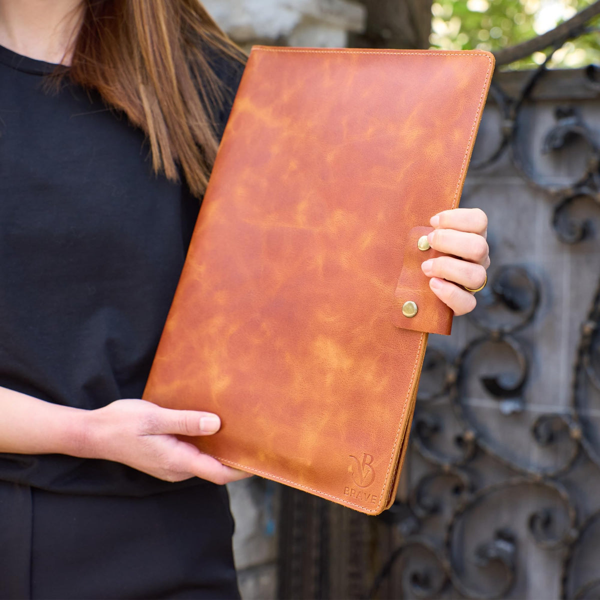 Leather Portfolio Folder - Genuine Leather Document Organizer with Multiple Pockets and Pen Holder – Business Padfolio for A4 Letter Size Papers, Professional Resume or Meeting Use (Whiskey)