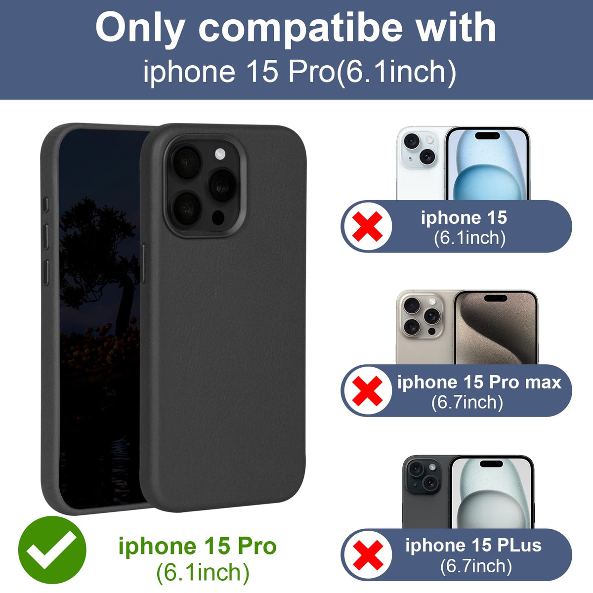 Rumwot for iPhone 15 Pro Leather Case | Genuine Full Grain Leather| Compatible with MagSafe and Wireless Charging | Metal Buttons Camera Bezel | Slim Fit-Drop and Scratch Resistant(Black)
