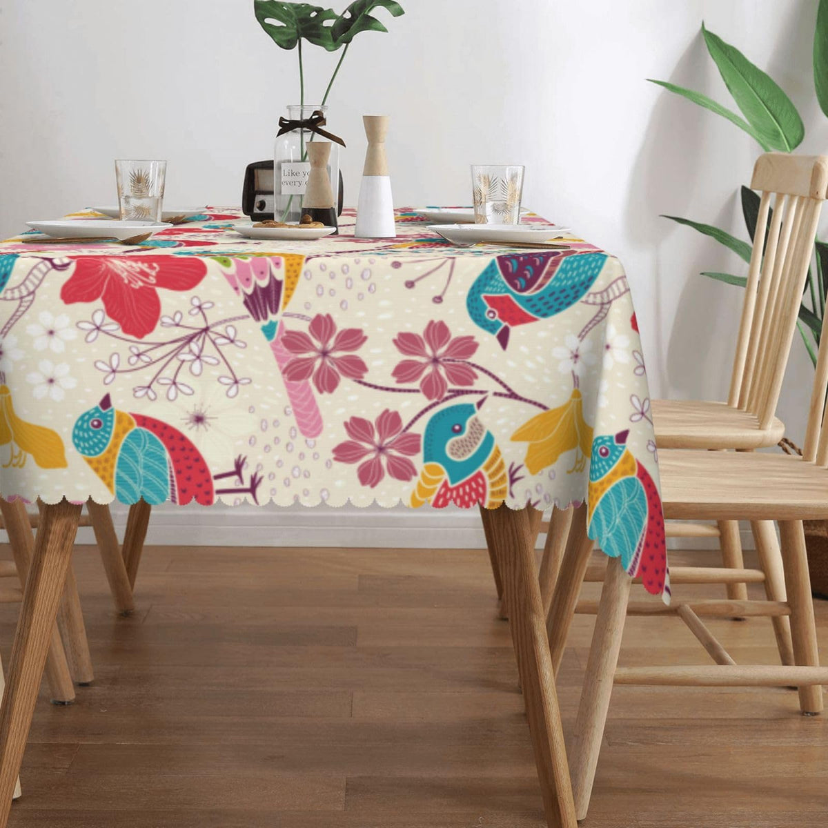 LORCARVIS Floral with Birds Tablecloth Floral Birds Pattern Polyester Rectangle Table Cloth Washable Seasonal Tabletop for Kitchen Dinning Party Outdoor Picnic 54 x 72 Inch Tablecloths