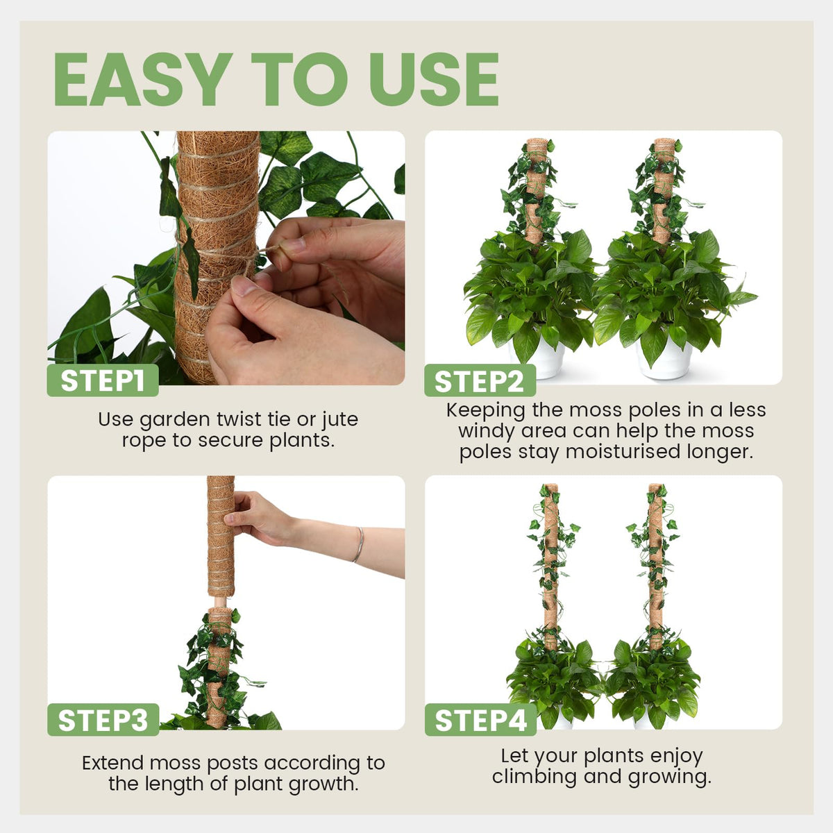 Yinder 50 Pcs Moss Pole for Plants Monstera Plant Support 16.5 Inch Coir Poles Bendable Monstera Plant Support with 10 Pcs 6.56 Feet Jute Rope and 2 Pcs 6.56 ft Garden Tape for Climbing Plants Growth