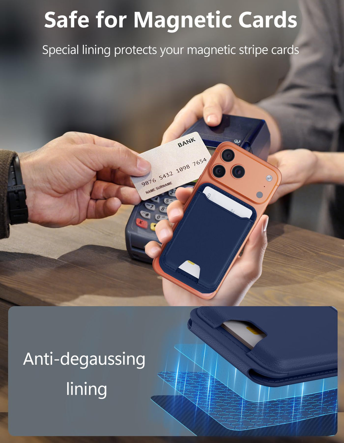 TopMade for MagSafe Wallet with Adjustable Stand, Magnetic Phone Card Holder for iPhone 17/16/15/14/13/12 Series, RFID Blocking Premium Leather, ID Window, Holds 5 Cards, Navy Blue