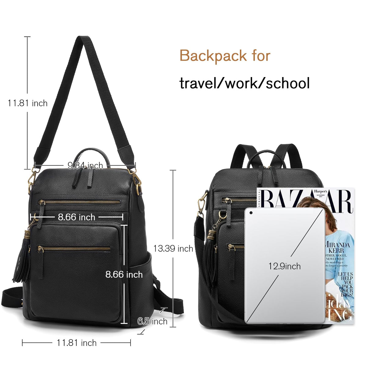 UEIRY Genuine Leather Backpack Purse for Women Convertible Shoulder Bag with Multiple Pockets for Travel Work School（Black）