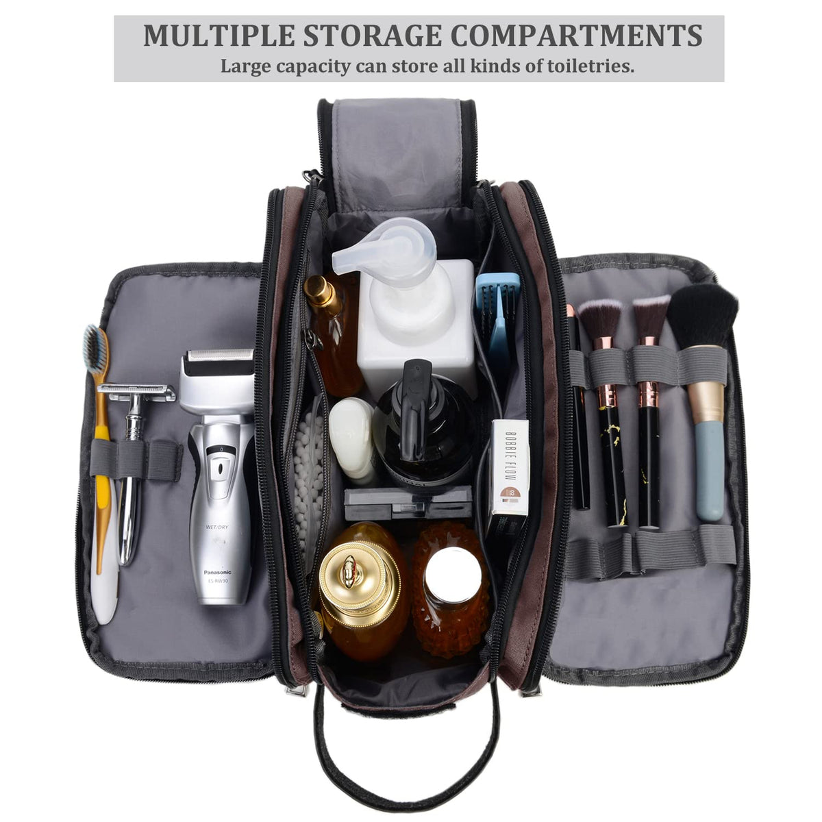 CROCOD Toiletry Bag for Men - Water-Resistant Oxford Travel Organizer Dopp Kit with Double Zippers, Padded Shaving Bag for Bathroom, Gym, Dorm - Multi-Function Cosmetic Storage Bag (Brown)