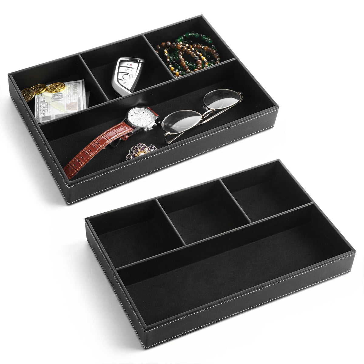 kenaeooe 2-Piece Faux Leather Valet Tray Set, Drawer Storage Organizer Divider for Desk, Nightstand, Jewelry, Keys, Wallet, Sunglasses, Phone, Watch - Black