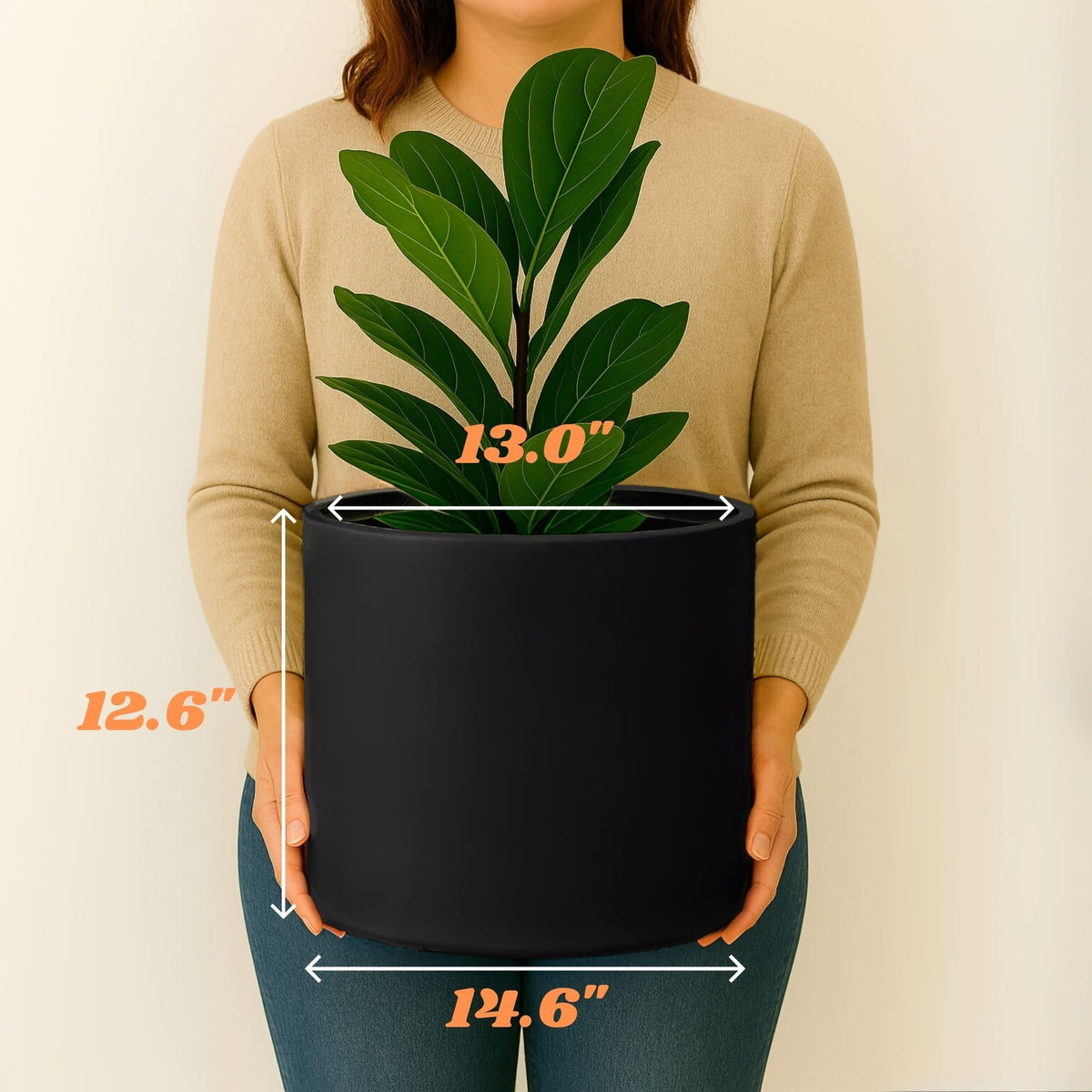 Fox & Fern Large 15 Inch Planter - Premium Lightweight Fiberstone Black Plant Pot with Drainage Plug; Ideal for Indoor and Outdoor Plants