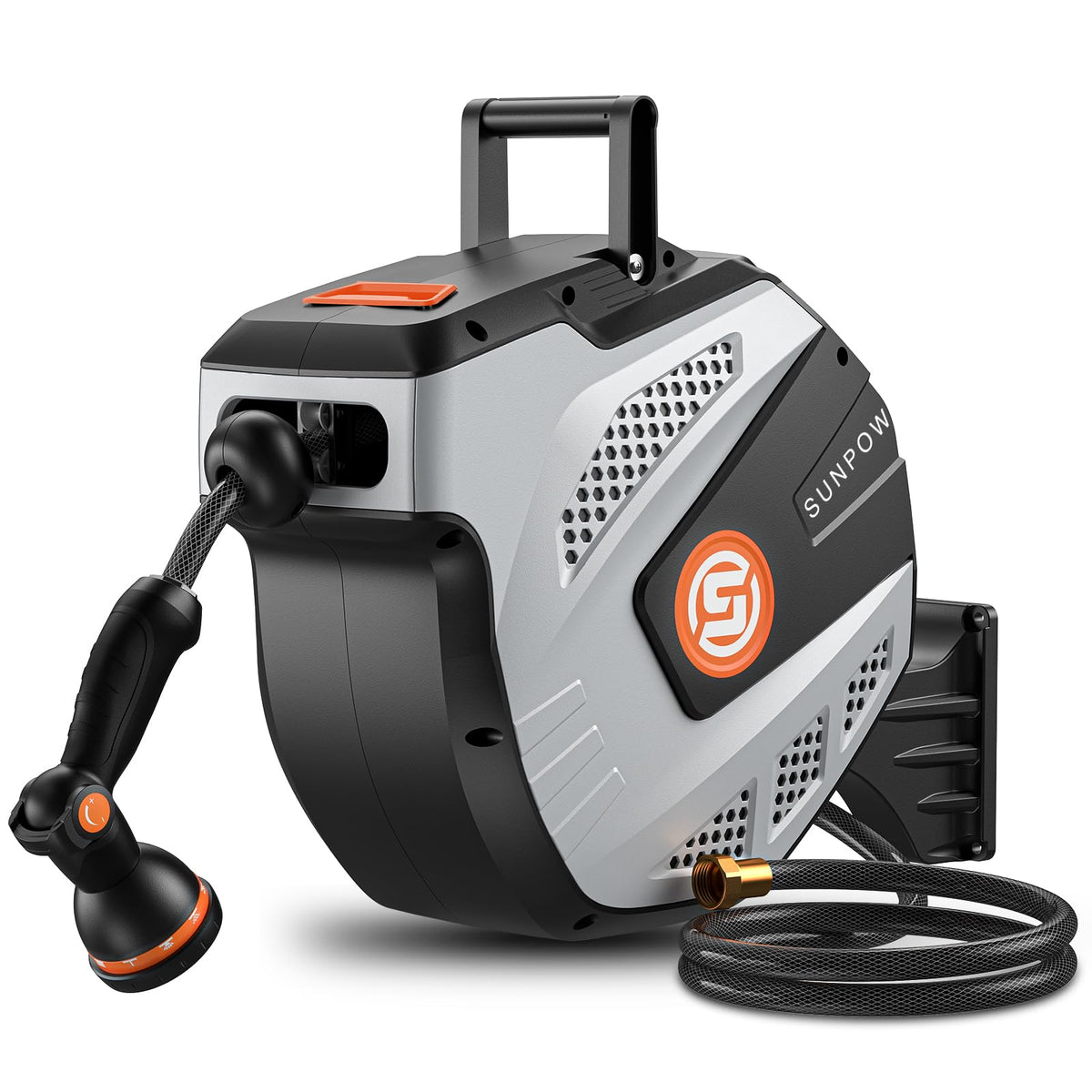 SUNPOW Retractable Garden Hose Reel - 1/2 inch x 115ft Heavy Duty Wall Mounted Hose Reel with 3/4 inch Brass Fitting & 10 Sprayer Nozzle - Any Length Lock, Auto Rewind System, 180°Swivel Bracket- Grey