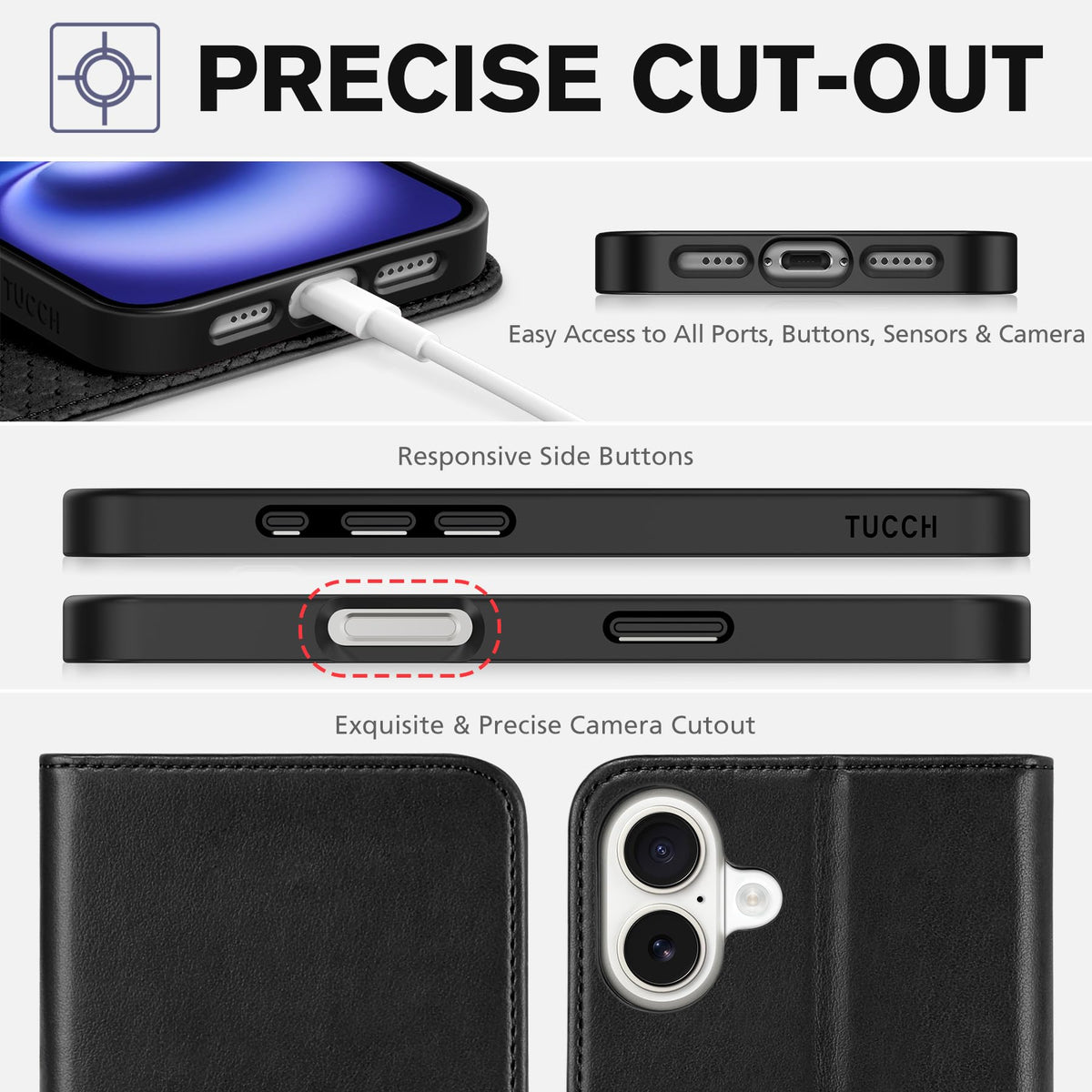 TUCCH Case Wallet for iPhone 16 Plus, [3 Card Holder Slots] Folio PU Leather Cover, [RFID Blocking] Stand Flip TPU Shockproof Interior Case Compatible with iPhone 16 Plus, Black