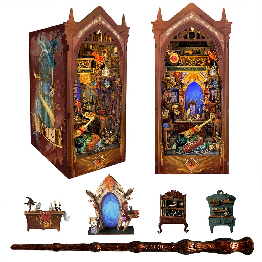 Magic Book Nook Kit with Remote Wand, 3D Wooden Puzzle, Dollhouse Miniature Booknook Kit Creative Bookend Bookshelf Decor for Adults Teens - Magic Academy(SQ-38)