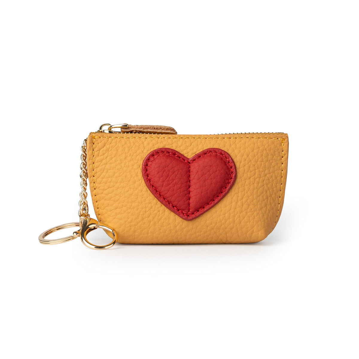 Doris&Jacky Cowhide Leather Coin Purse, Mini Zipper Card Holder With Cute Red Heart Design and Key Chain (Yellow)