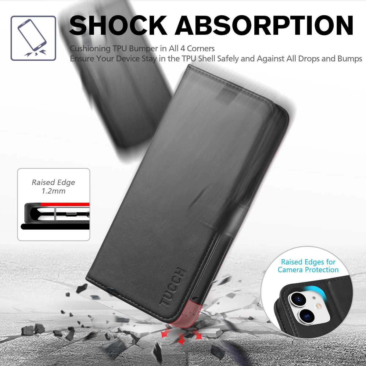 TUCCH Wallet Case for iPhone 12 Mini 5G, RFID Blocking Card Slot Stand [Shockproof TPU Interior Protect Case], PU Leather Magnetic Flip Folio Cover Compatible with iPhone 12 Mini 5.4-inch, Black