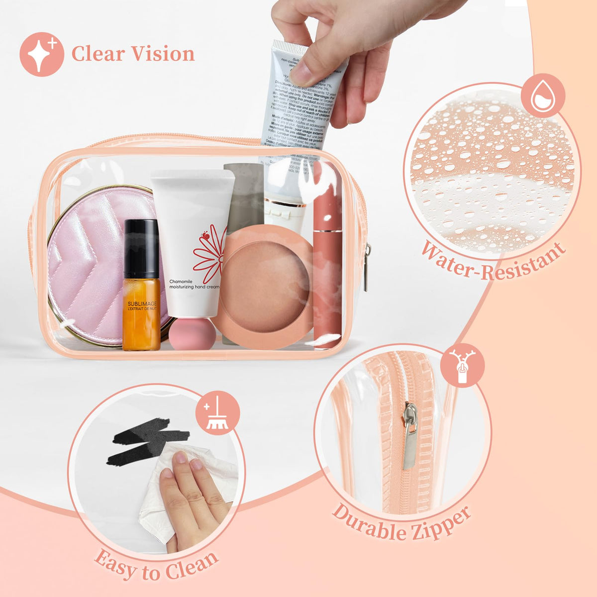 TISRATOK 12 PCS Clear Makeup Bag for Women with Zipper, TSA Approved Toiletry Pouch, Cosmetic Bag Bulk for Travel Organizer Essentials -Orange-pink, Small