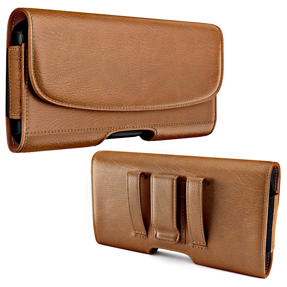 PiTau Holster for Large iPhone Plus, Pro Max Models 16 15 14 13 12 11 Xs Max – Cell Phone Belt Holder Clip Case, ID Card Carrying Pouch (Fits Otterbox Commuter Case) Brown