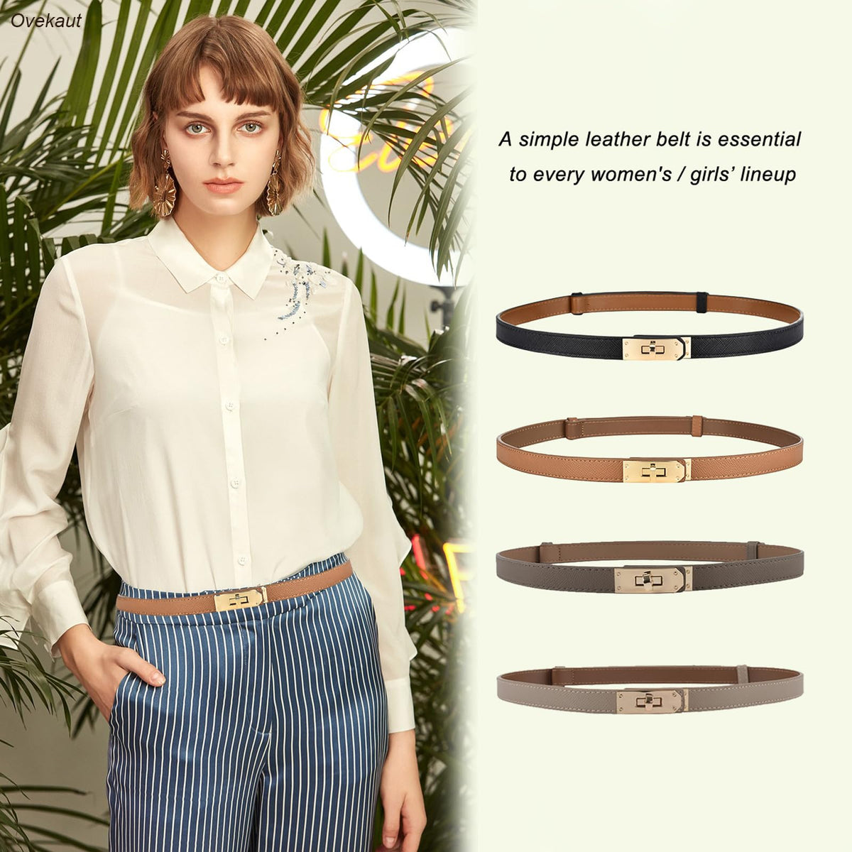 Ovekaut Women Skinny Leather Belt,Solid Color Alloy Turn Lock Adjustable Belt,Ideal for Dresses Jeans Coats Belt (Shallow Khaki/Gold)