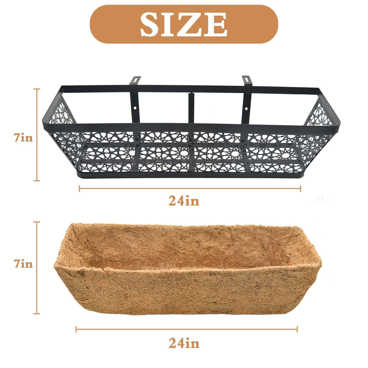 XXFBJNMD 2 Pack 24 Inch Window Boxes Planters with Coco Coir Liner Metal Hanging Flower Planter Window Basket Deck Railing Planter Boxes for Outdoor Indoor Lawn