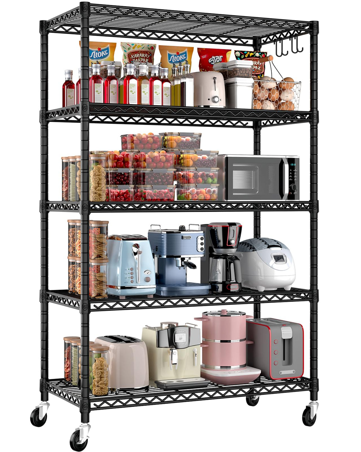 PrimeZone 36" W x 16" D x 79" H Wire Storage Shelves with Wheels, 5 Tier NSF Certified Heavy Duty Adjustable Kitchen Shelving Unit, Pantry Organizer Rack Rolling Metal Shelf for Garage Closet Bathroom