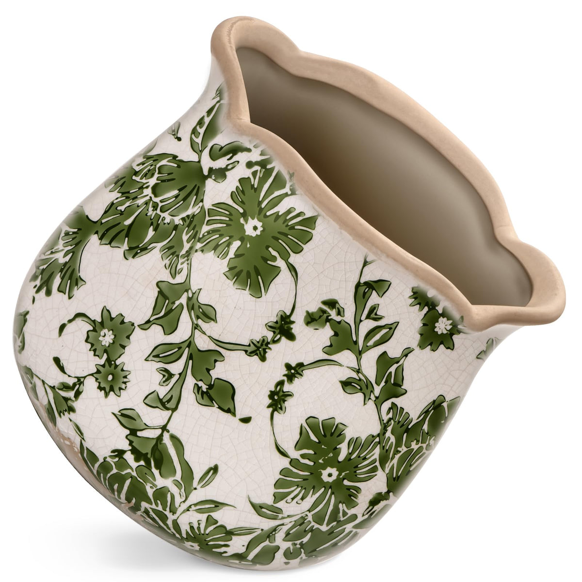 behen bahen Vintage Ceramic Planter Pot with Drainage Holes, Green Floral Design, 6.11 Inch, Distressed Tuscan Style, Indoor Plant Pot and Vase (Green)