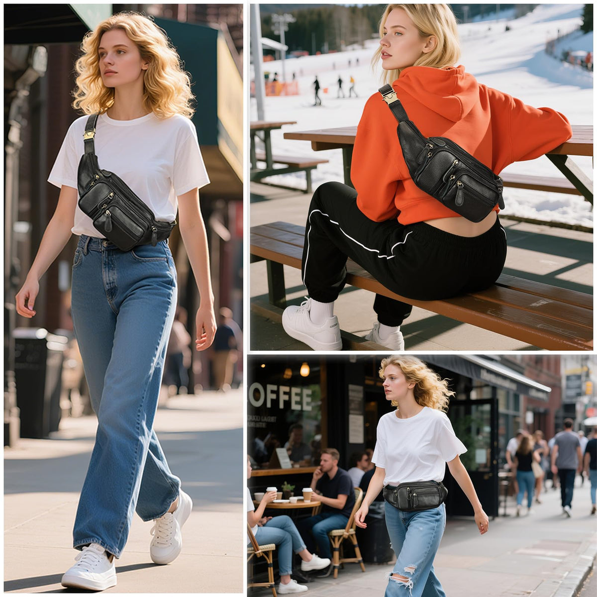 Genuine Leather Fanny Pack large capacity Crossbody Waist Bag with Zipper phone Pockets black