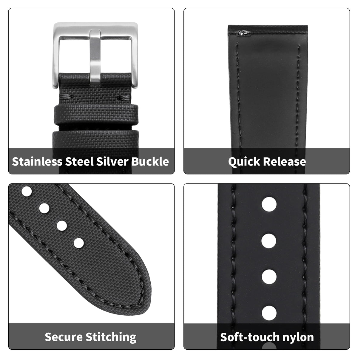 JUNGHELE Nylon watch band for men and women,Quick Release Premium Oxford Waterproof Fabric Weave Back Lining Leather Nylon watch strap with Stainless-Steel Buckle,Black 18mm watch band