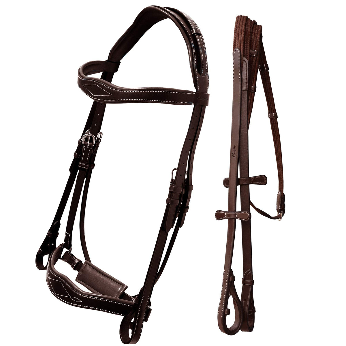 Exion Dressage Bridle with Anatomic Mono Crownpiece, Crank Noseband, Browband and Hand Stopper Reins for Horses