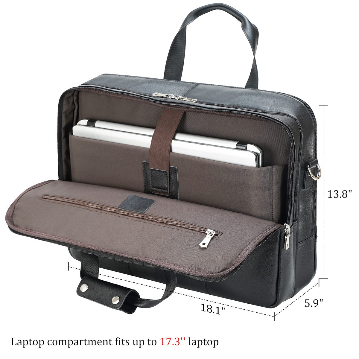 Polare X-Large 18" Napa Leather Briefcase For Men Business Travel Case Messenger Bag Fits 17.3" Laptop (Black)
