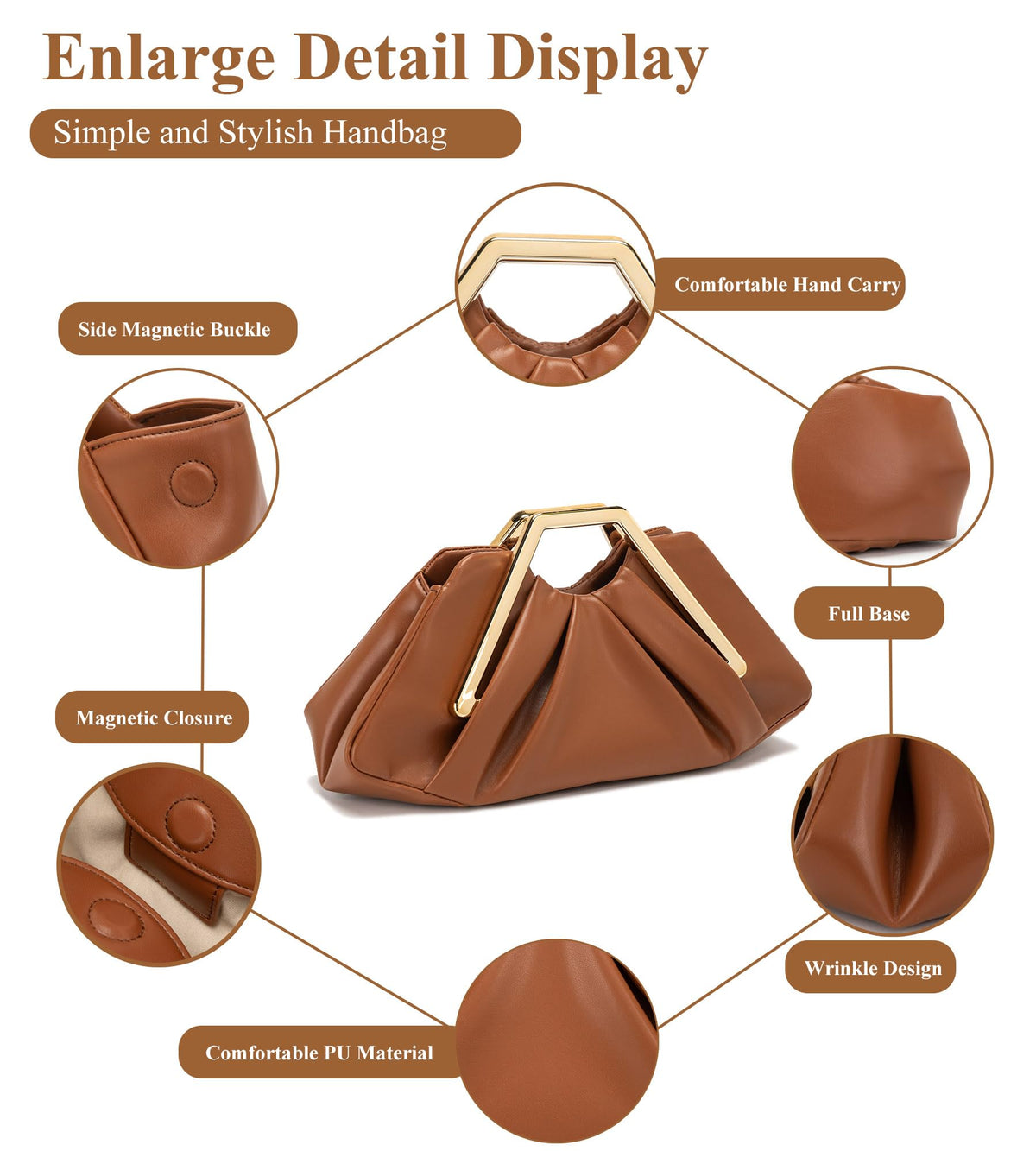 myfriday Women's Elegant Ruched Clutch Purse, Soft Dumpling Evening Purse Handbags for Wedding Prom Party Formal Events (Brown)