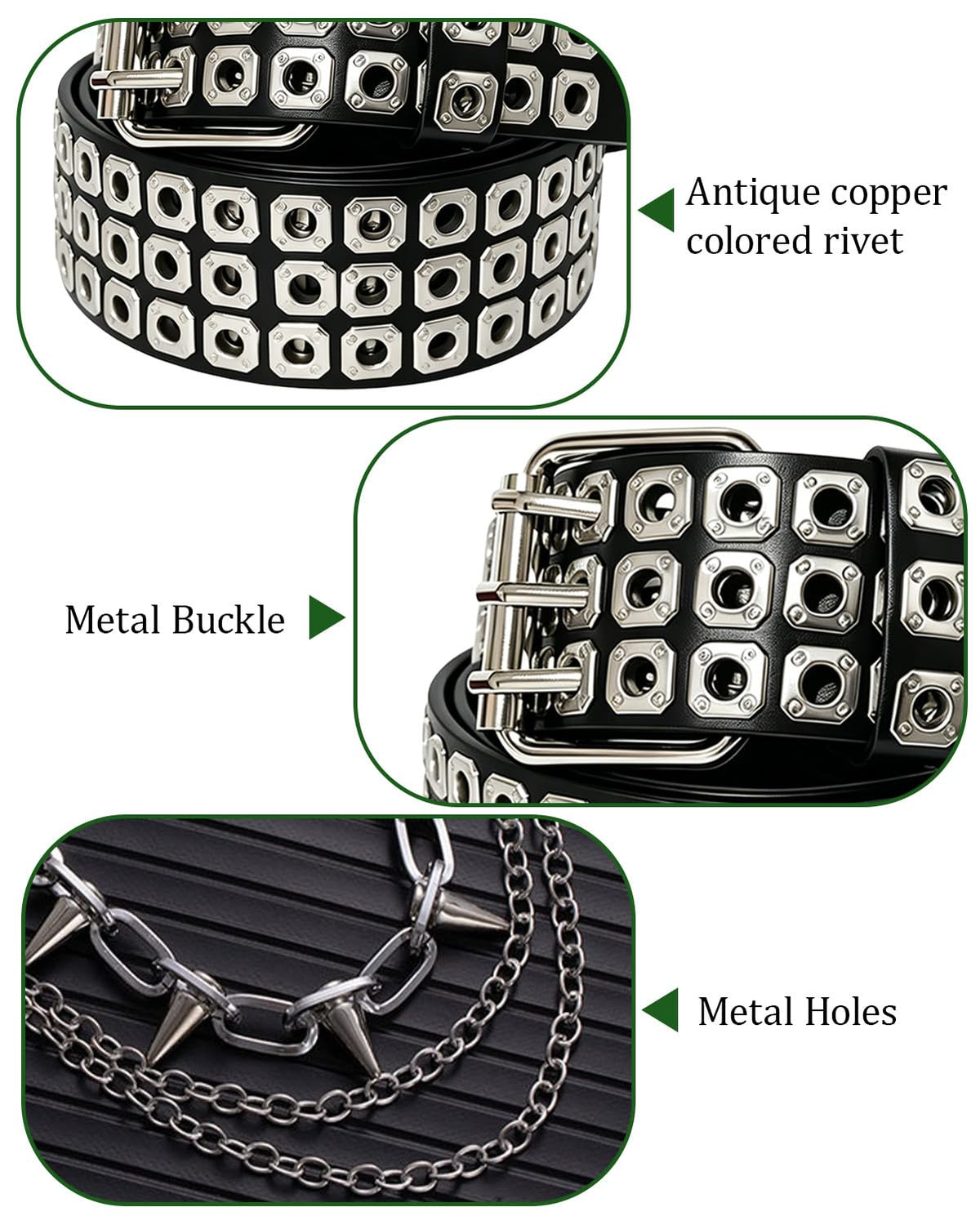 KRLBZER Studded Belt Y2K Spiked Chain and Riveted Leather Punk Goth Belts for Punk Rock Fashion Gothic Style Waistband (4Pcs)