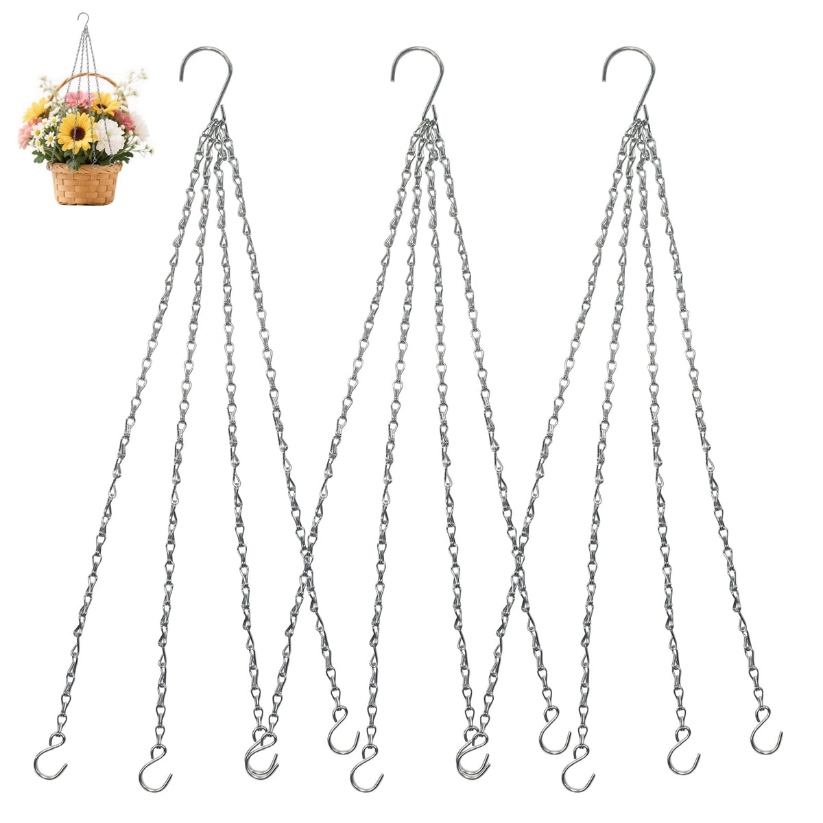 Zorfeter 3 Pack Silver Hanging Chains, Replacement Hooks Flower Pot Chains Plant Hangers, 23 Inch Hangers for Planters/Bird Feeders and Lanterns