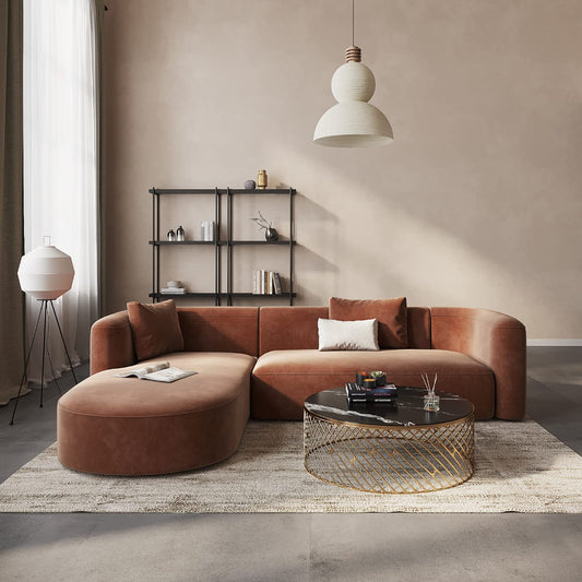 Acanva Luxury Modern Tight Curved Back Velvet Sofa, Minimalist Style Comfy Couch for Living Room Apartment, L-Shape Left Chaise, Tangerine