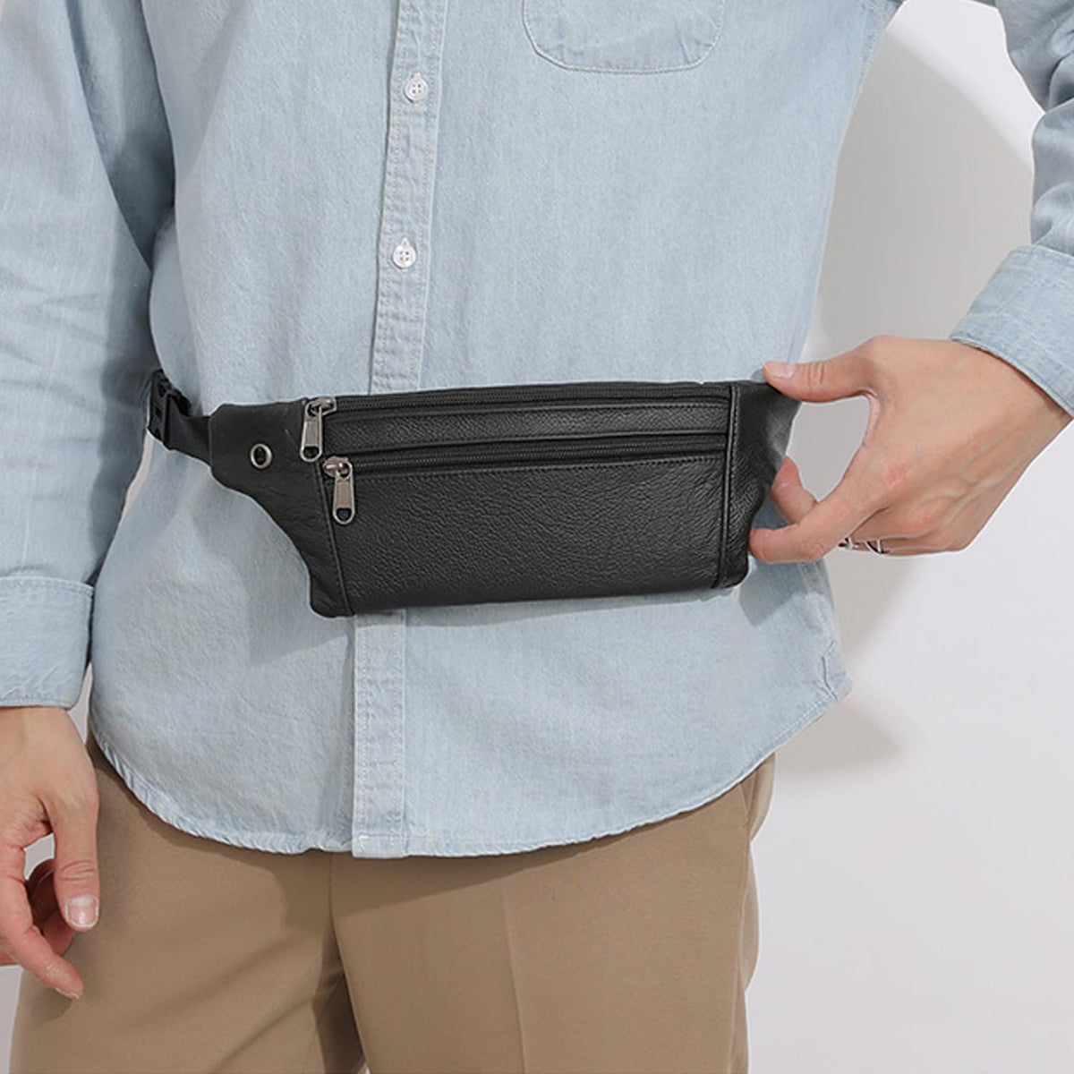 YRMLYMOP Leather Belt Bag,Black Belt Bag Mens Fanny Pack Crossbody 3-Zipper Pockets Phone Bag Fits All Phones Wallet Keys, Casual Hands-Free Waist Pack For Travel Workout Running Gifts