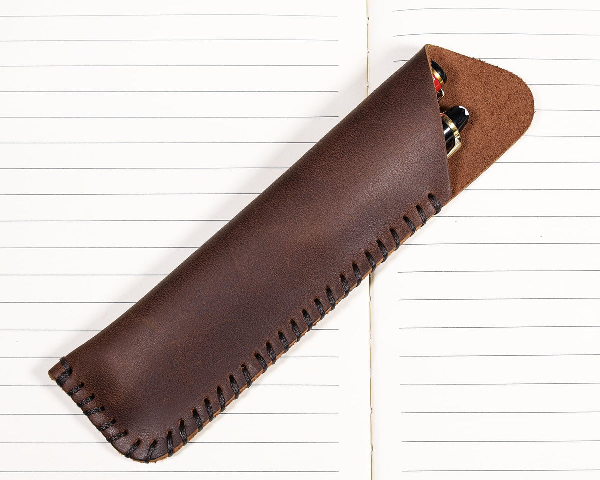 Handmade Genuine Leather Double Pen Case Fountain Pen Sleeve Holder Pouch Cover Vintage (Coffee)