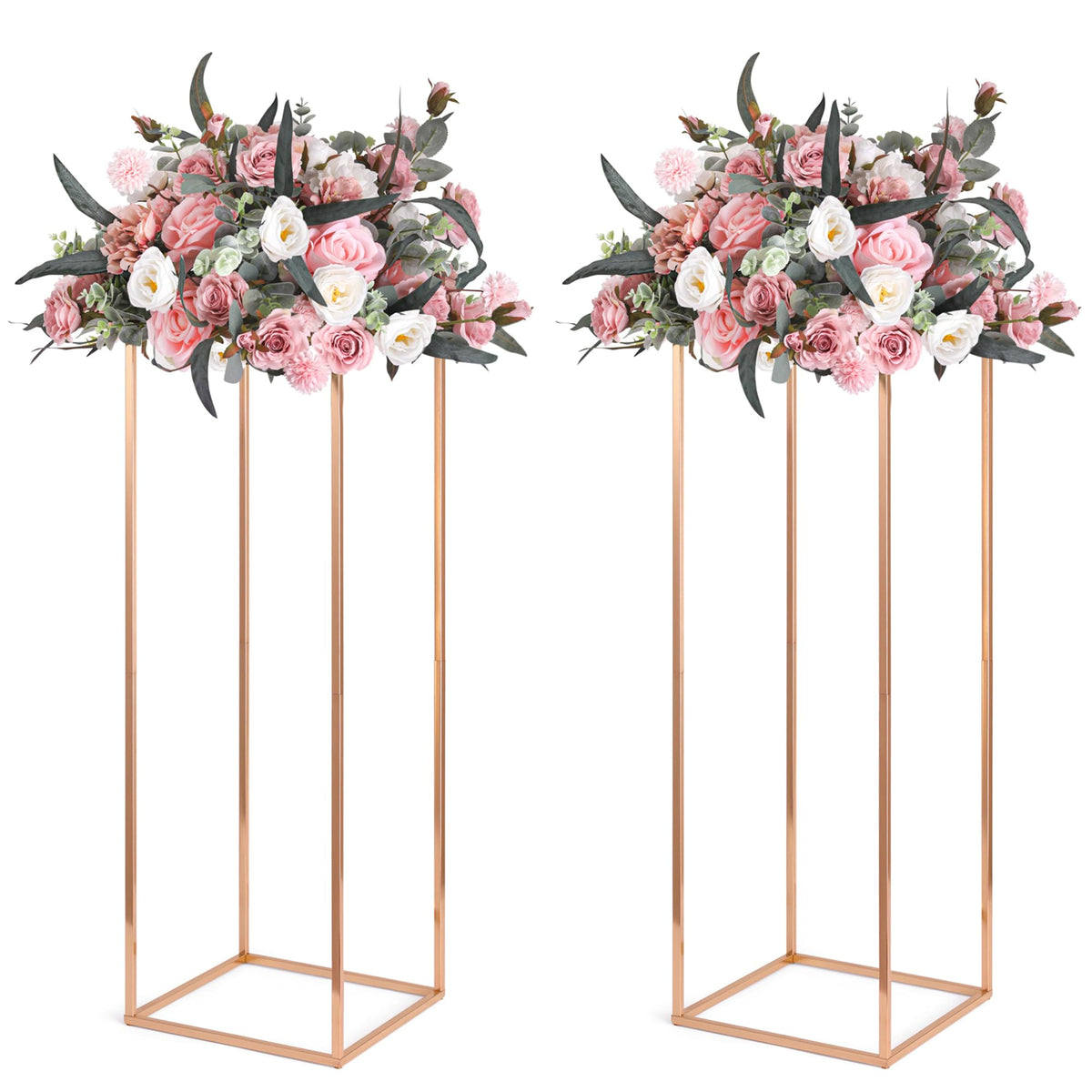 Gold Wedding Flower Stands, Set of 2 Metal Vases Column Geometric Wedding Table Display Centerpieces 31½ inches Tall Floral Decoration Holders for Wedding Party Decor