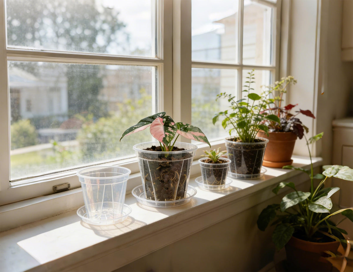 12-Pack Thick Clear Nursery Pots with Saucers (4/5/5.5/6.3 Inch) – Transparent Plastic Plant Pots with Drainage Holes & 12 Labels, Assorted Sizes for Seed Starting, Succulents, Indoor Outdoor Use