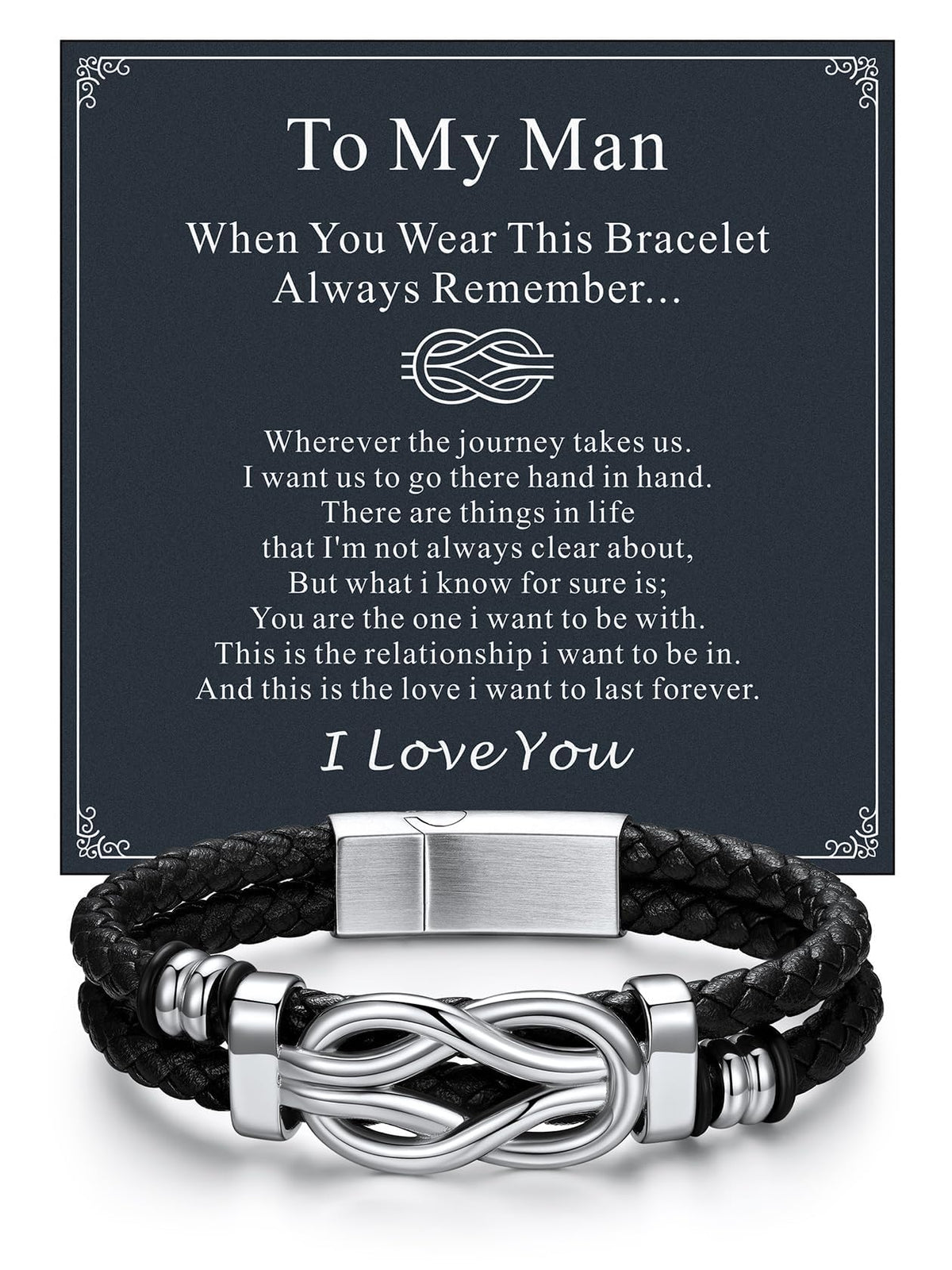 ChainsHouse Mens Leather Bracelet Idea Gift for Man Square Infinity Love Knot Braided Beaded Leather Cuff Bracelet 8.3 Inches Birthday Gifts for Men